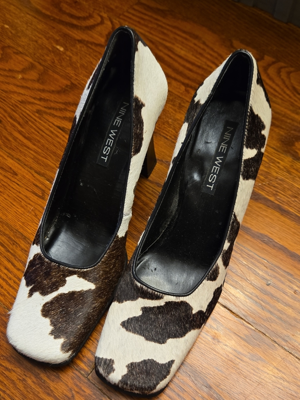 Nine West Brown and White Cowprint Square-Toe Pumps